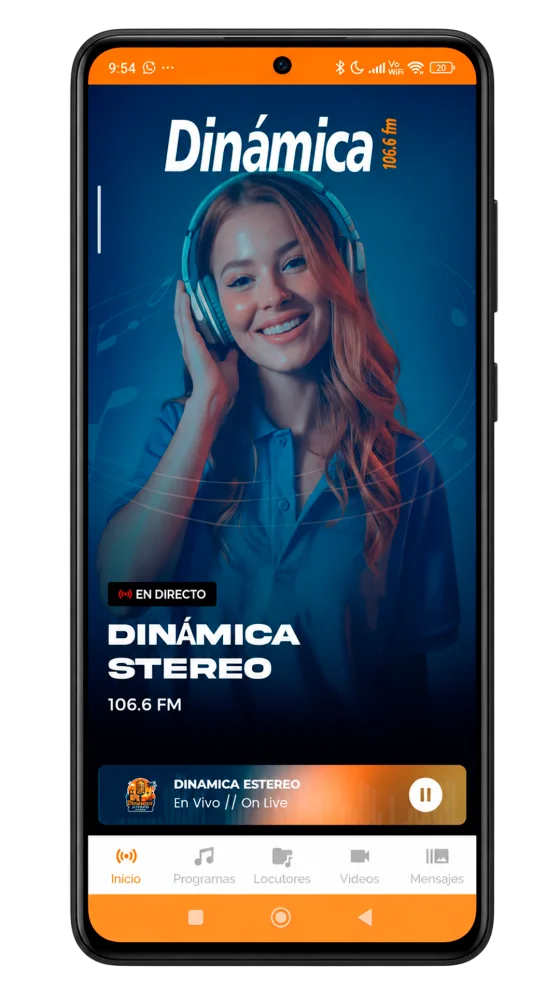 Pantalla de inicio de la aplicación de Dinámica Stereo 106.6 FM con el reproductor en directo.