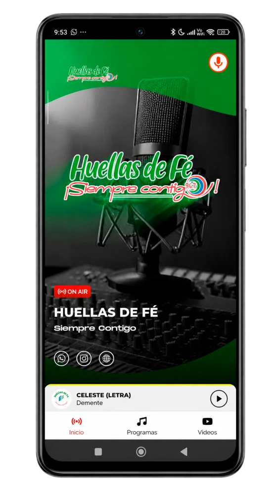 Aplicación de la emisora Huellas de Fé con indicador On Air y la canción que está sonando.