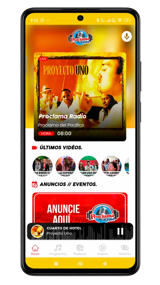 Aplicación de Proclama Radio con últimos vídeos, sección de anuncios y reproductor inferior.