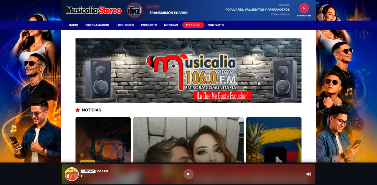 Portada del sitio web de Musicalia Stereo 106.0 FM con menú de programación, banner de la emisora, bloque de noticias y reproductor en vivo fijo.