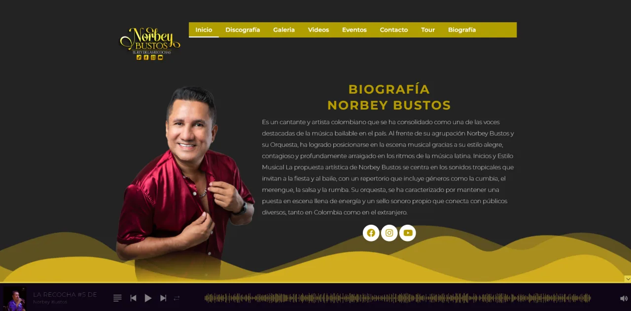 Portada de la web del artista Norbey Bustos con biografía, fotografía del cantante y reproductor de audio con forma de onda.