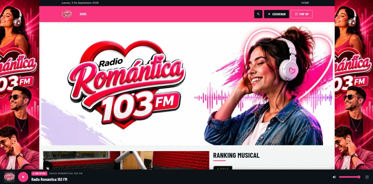 Portada del sitio web de Radio Romántica 103 FM con cabecera rosa, banner del logotipo y sección de ranking musical.